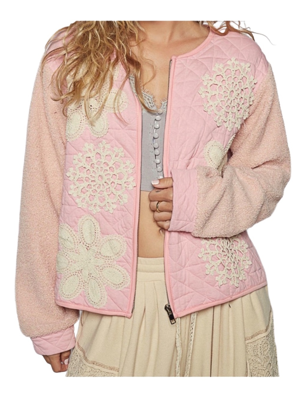 POL Quilted Crochet Doily Zipper Jacket NWOT